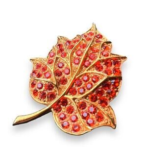Rapallo rhinestone orange Autumn fall maple leaf designer signed brooch pin
